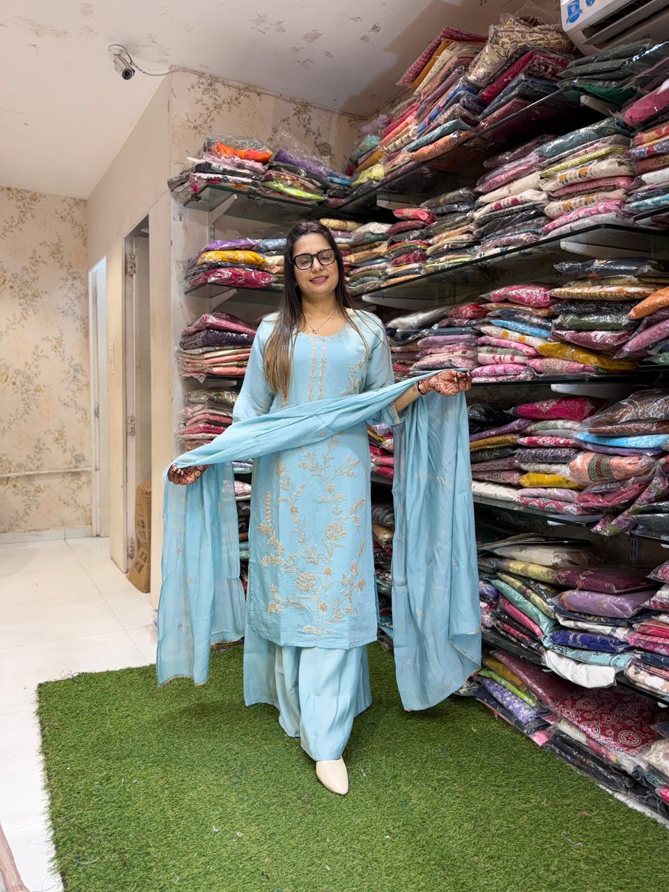 Pure Malai Silk Sky Blue 3pc Set