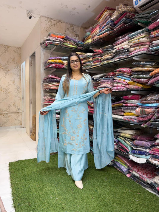 Pure Malai Silk Sky Blue 3pc Set
