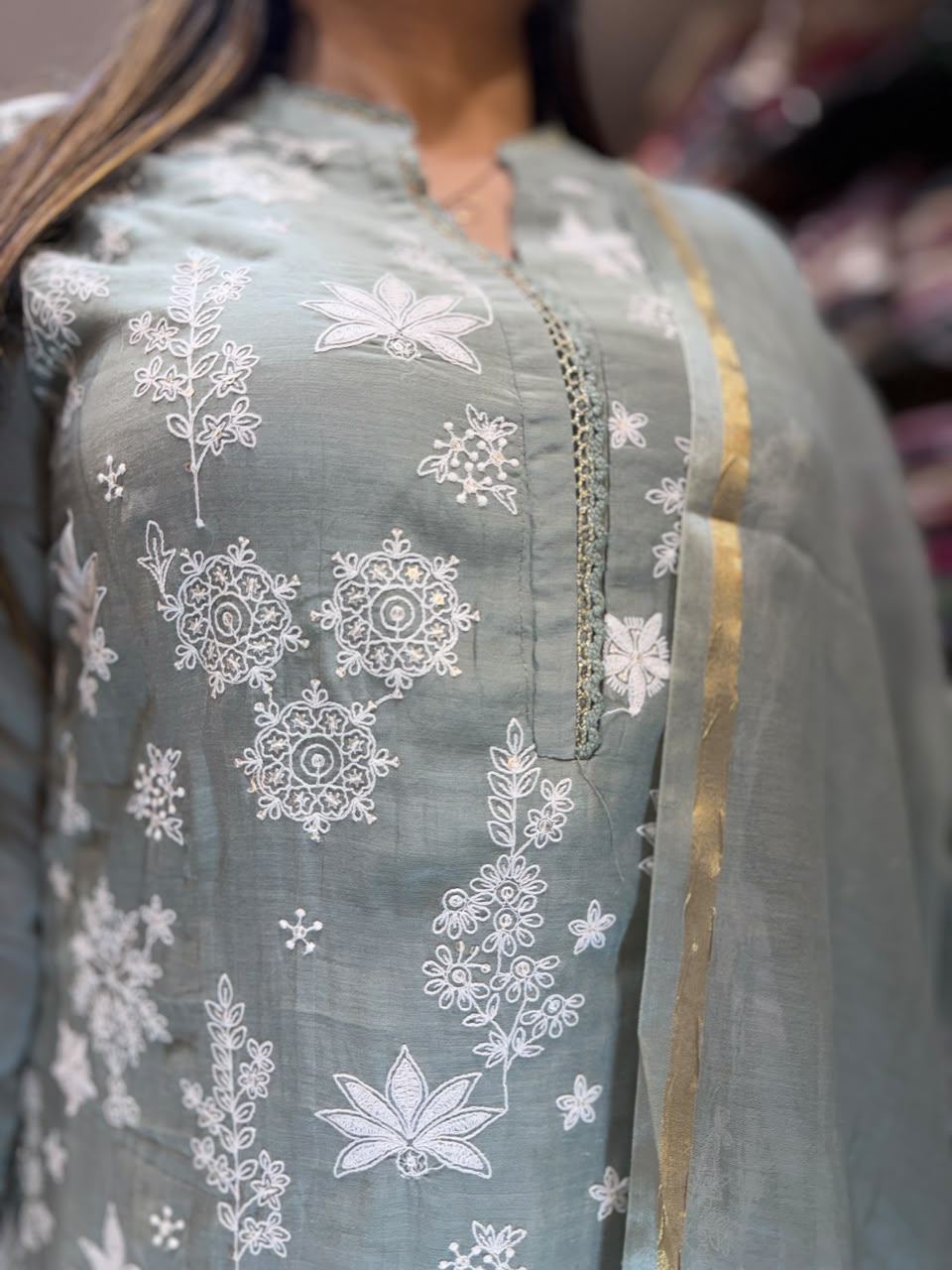 Pure Banaras Mull Chanderi Sage Green 3pc Set