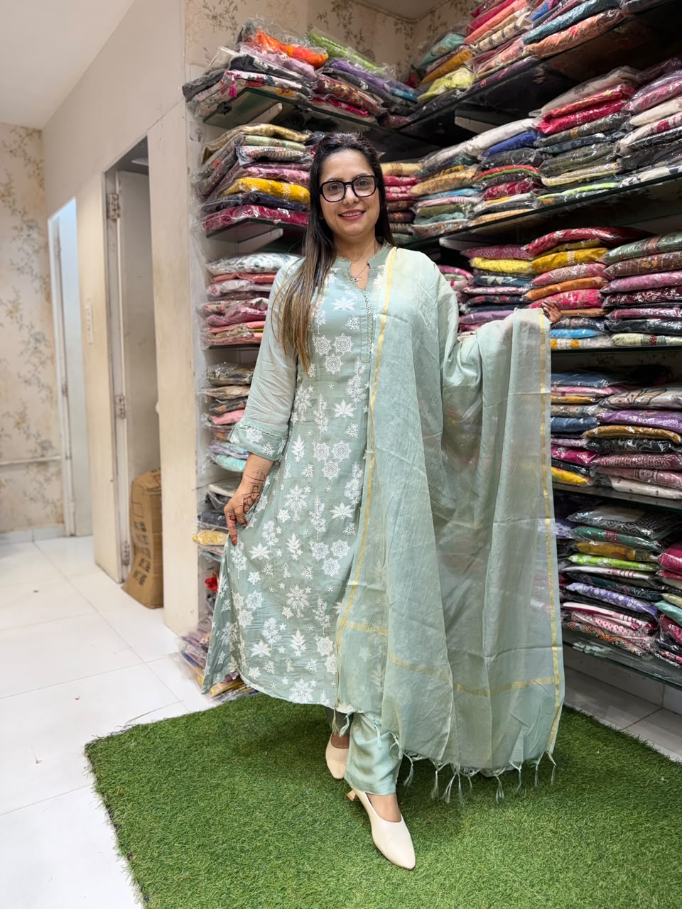 Pure Banaras Mull Chanderi Sage Green 3pc Set