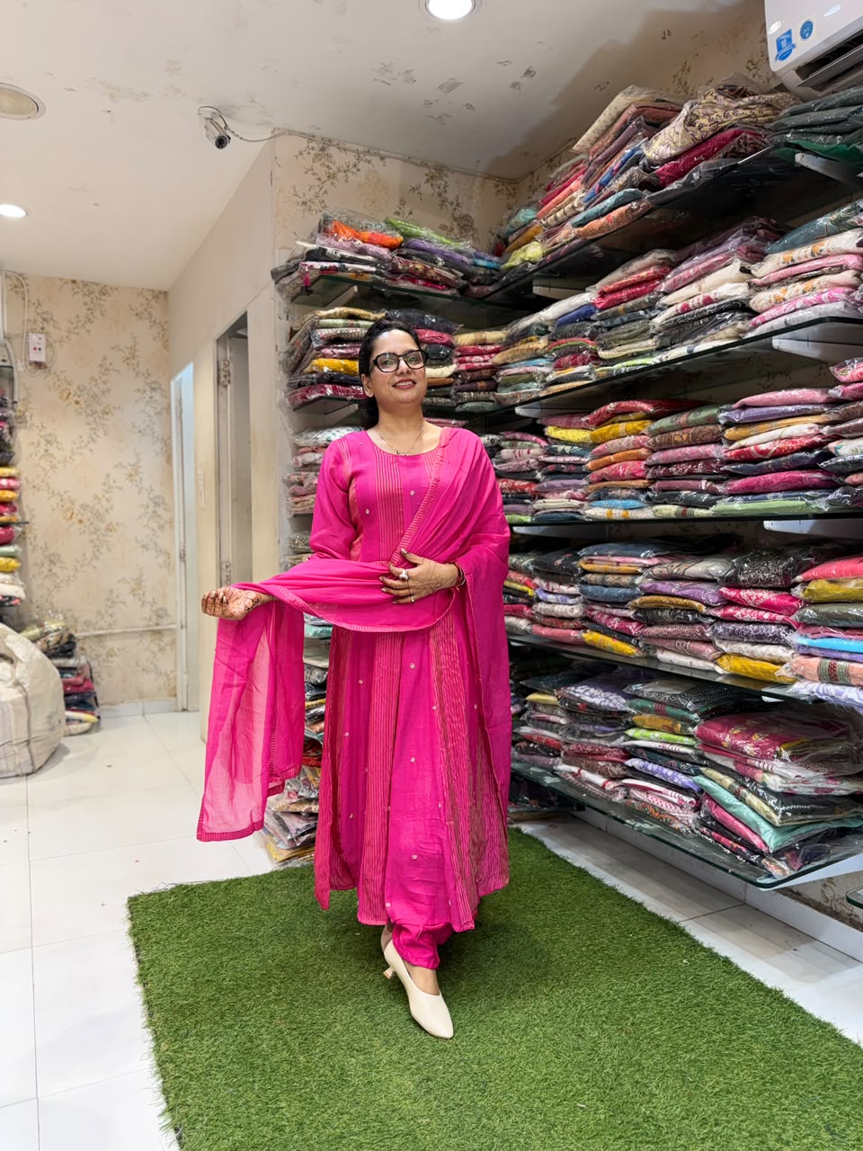Pure Banaras Mull Chanderi Anarkali Rani Pink 3pc Set