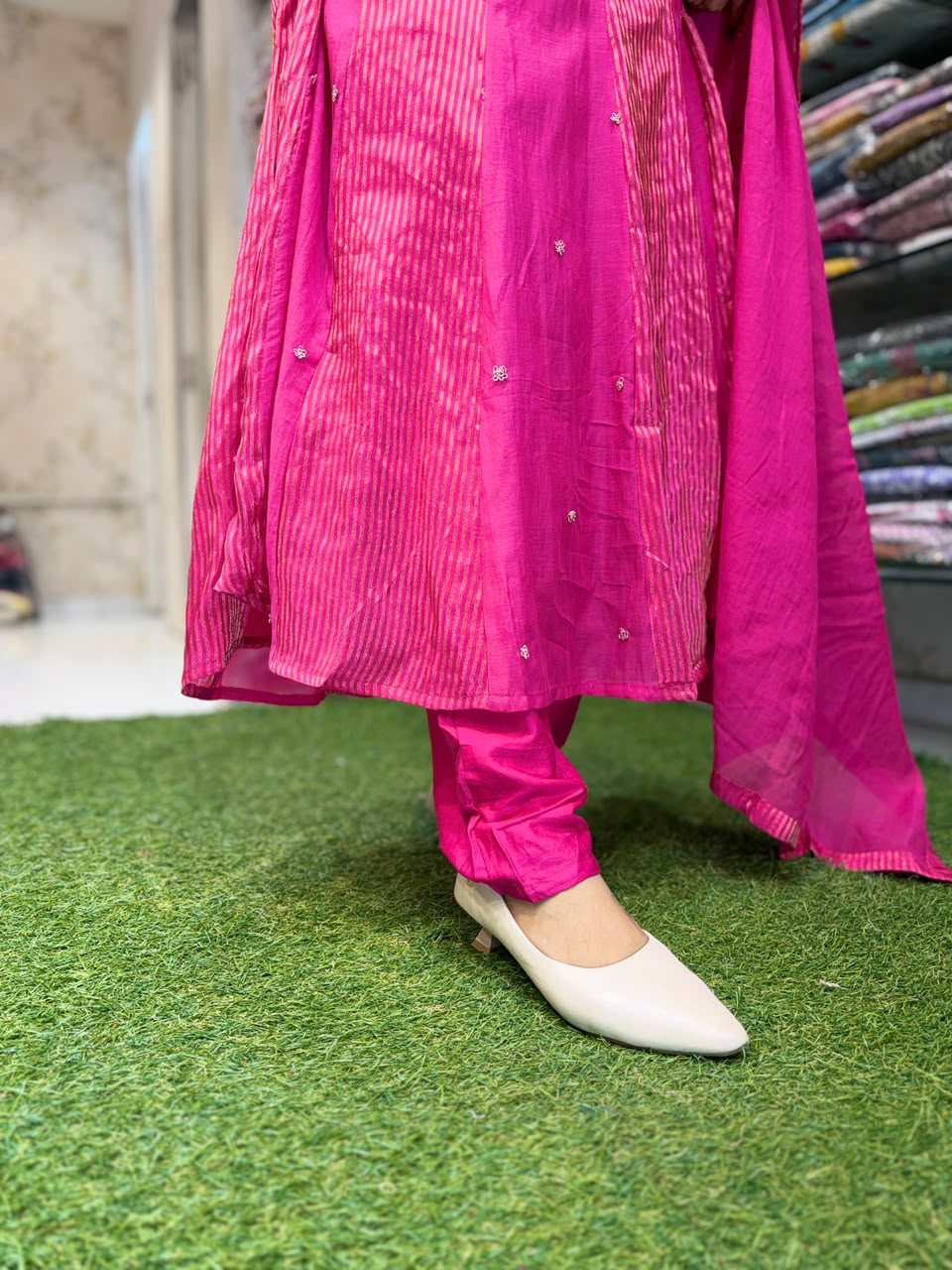 Pure Banaras Mull Chanderi Anarkali Rani Pink 3pc Set