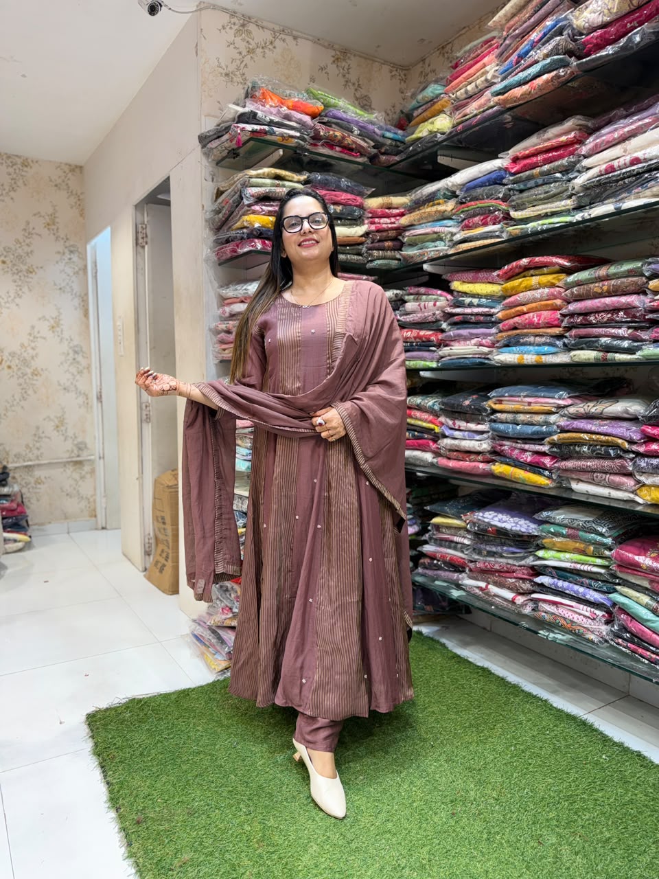 Pure Banaras Mull Chanderi Anarkali Brown 3pc Set