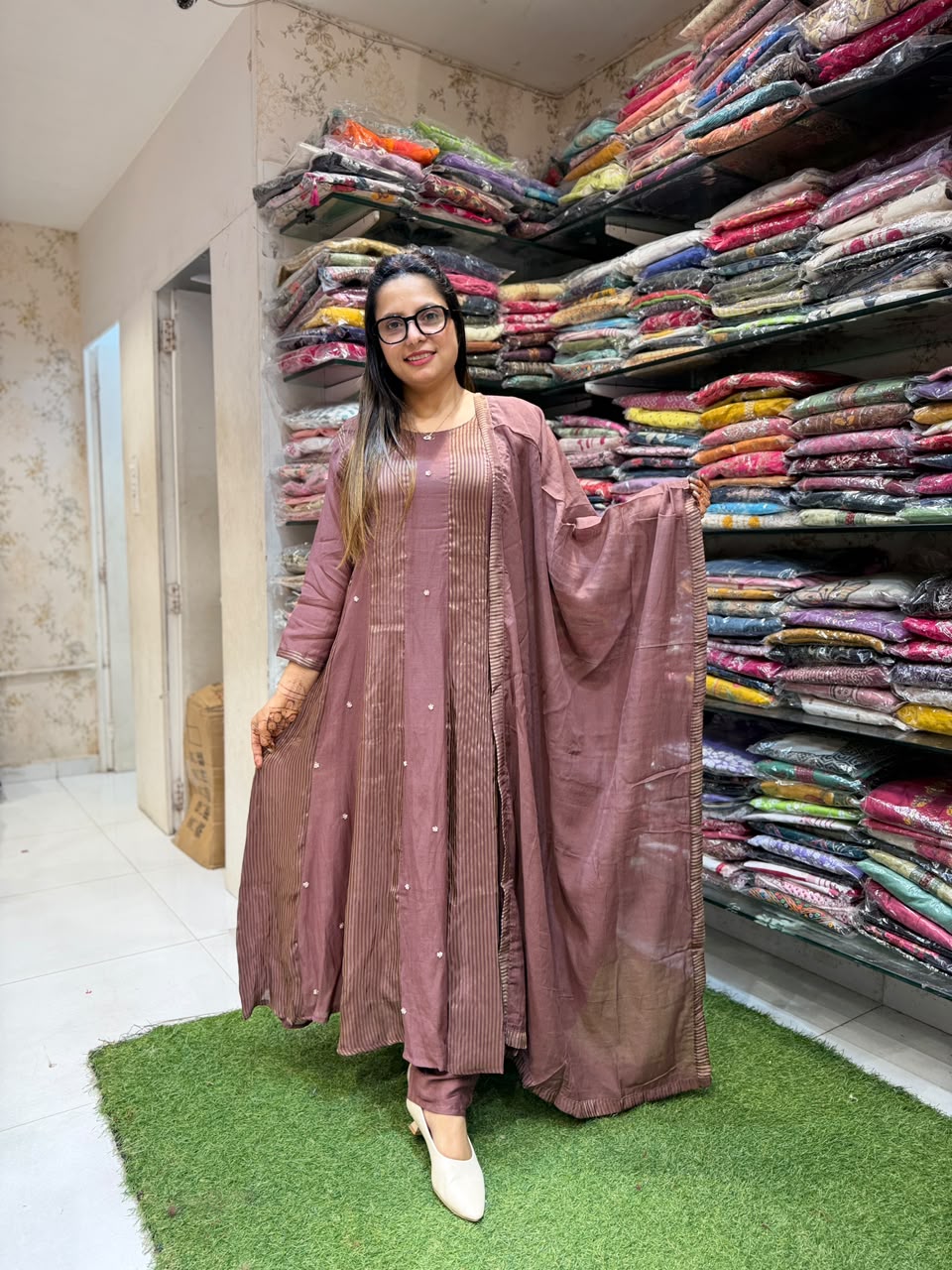 Pure Banaras Mull Chanderi Anarkali Brown 3pc Set