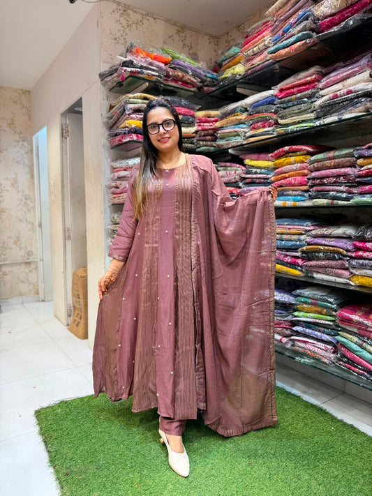 Pure Banaras Mull Chanderi Anarkali Brown 3pc Set
