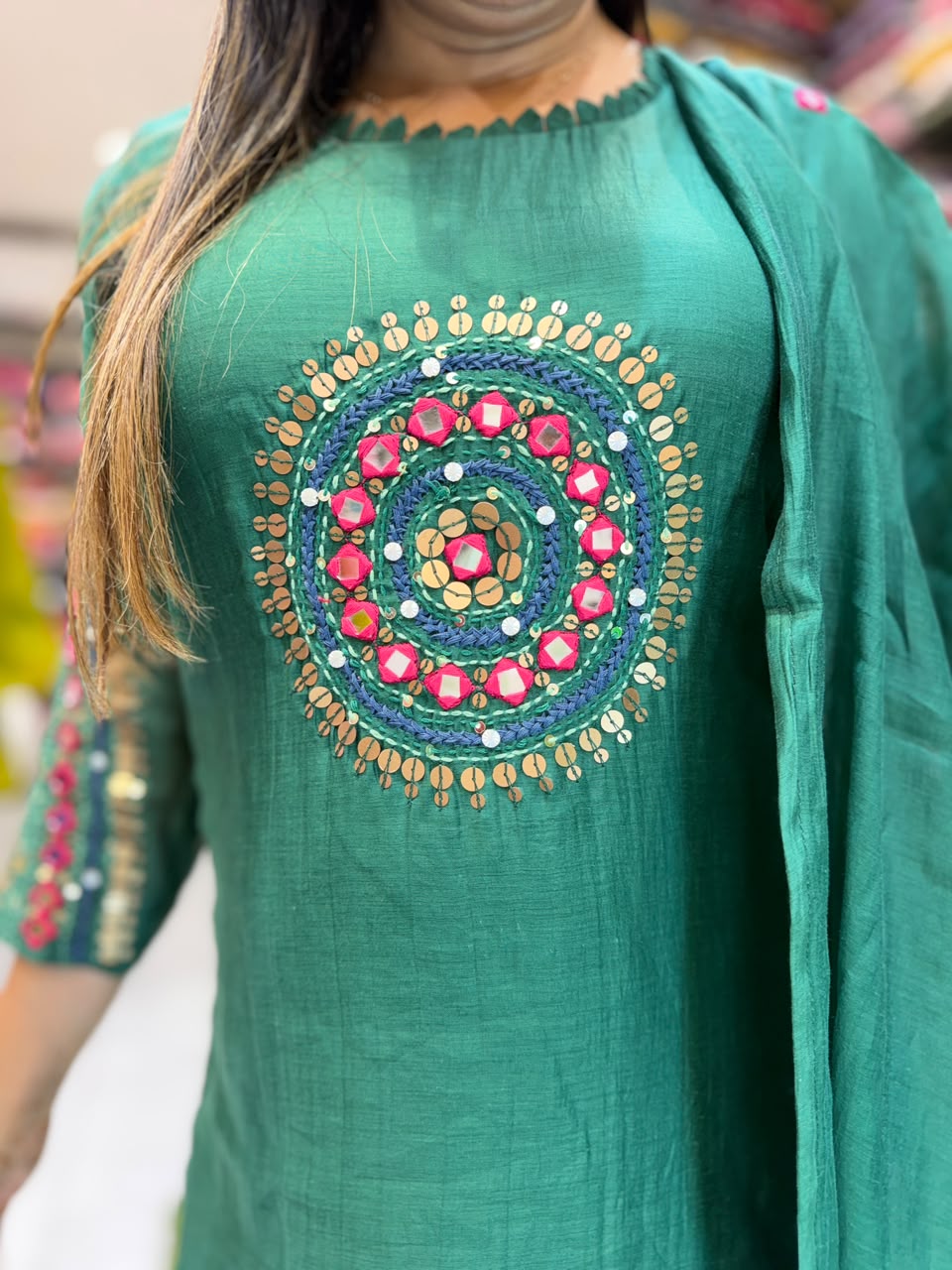 Pure Banaras Mull Chanderi Green 3pc Set