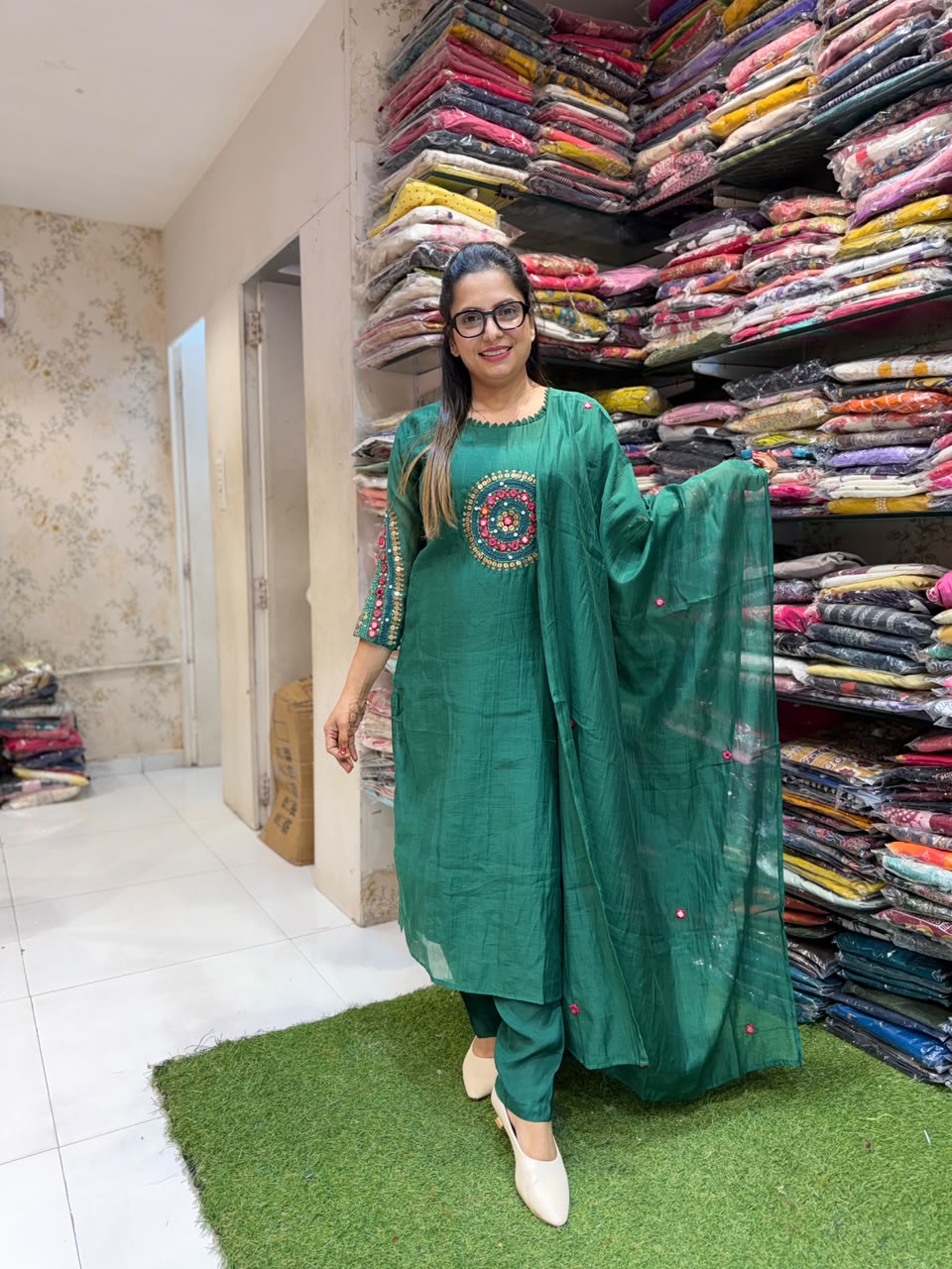 Pure Banaras Mull Chanderi Green 3pc Set