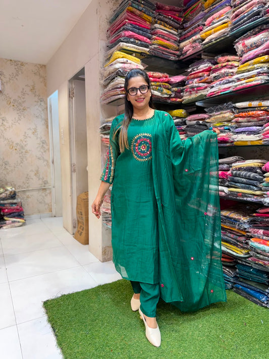 Pure Banaras Mull Chanderi Green 3pc Set
