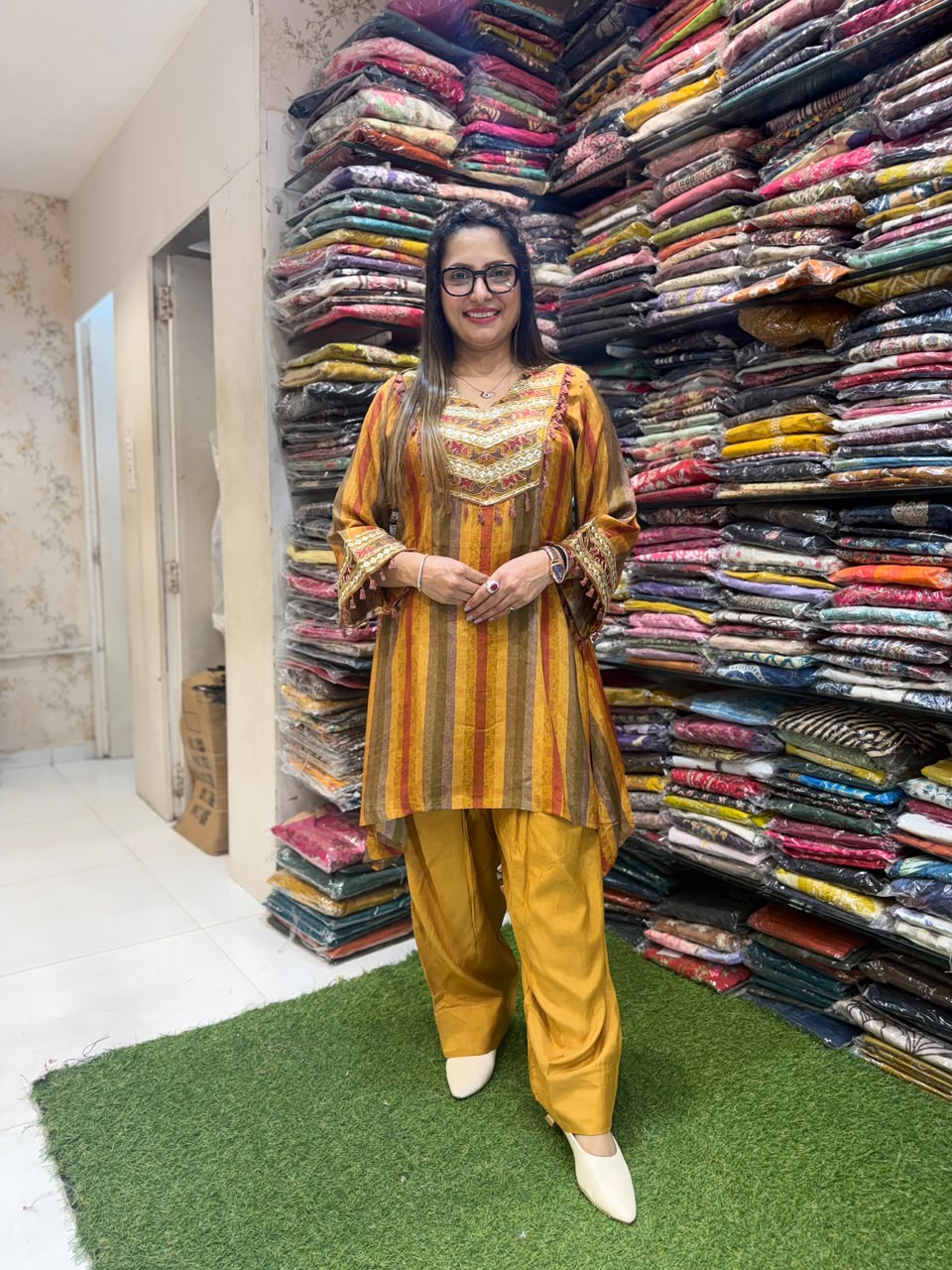Pure Crep Farsi Salwar Yellow 2pc Set