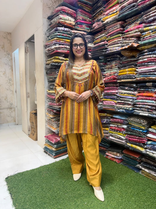 Pure Crep Farsi Salwar Yellow 2pc Set