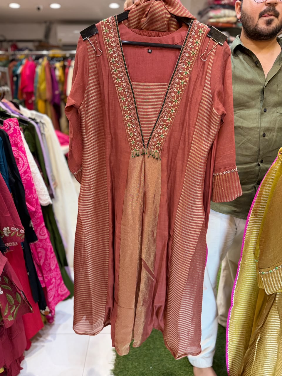 Pure Banaras Mull Chanderi Rose Gold 3pc Set