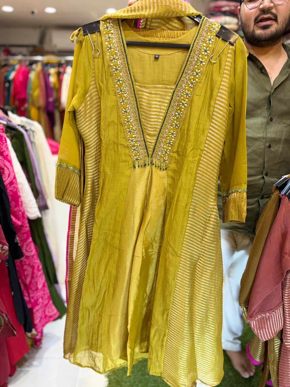 Pure Banaras Mull Chanderi Mustard Green 3pc Set