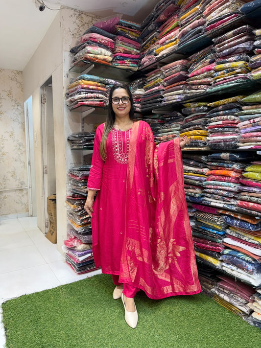 Pure Dola Silk Rani Pink 3pc Set