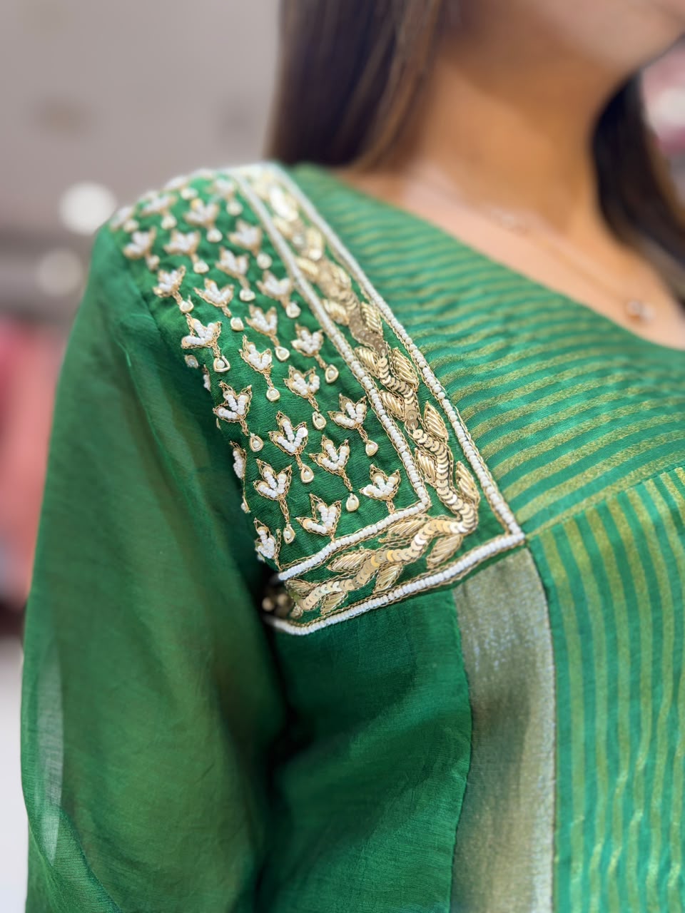 Pure Banaras Mull Chanderi Green 3pc Set