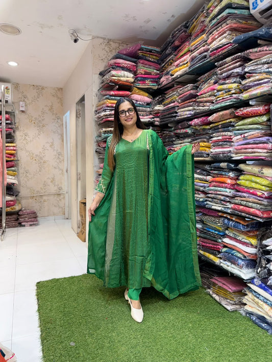 Pure Banaras Mull Chanderi Green 3pc Set