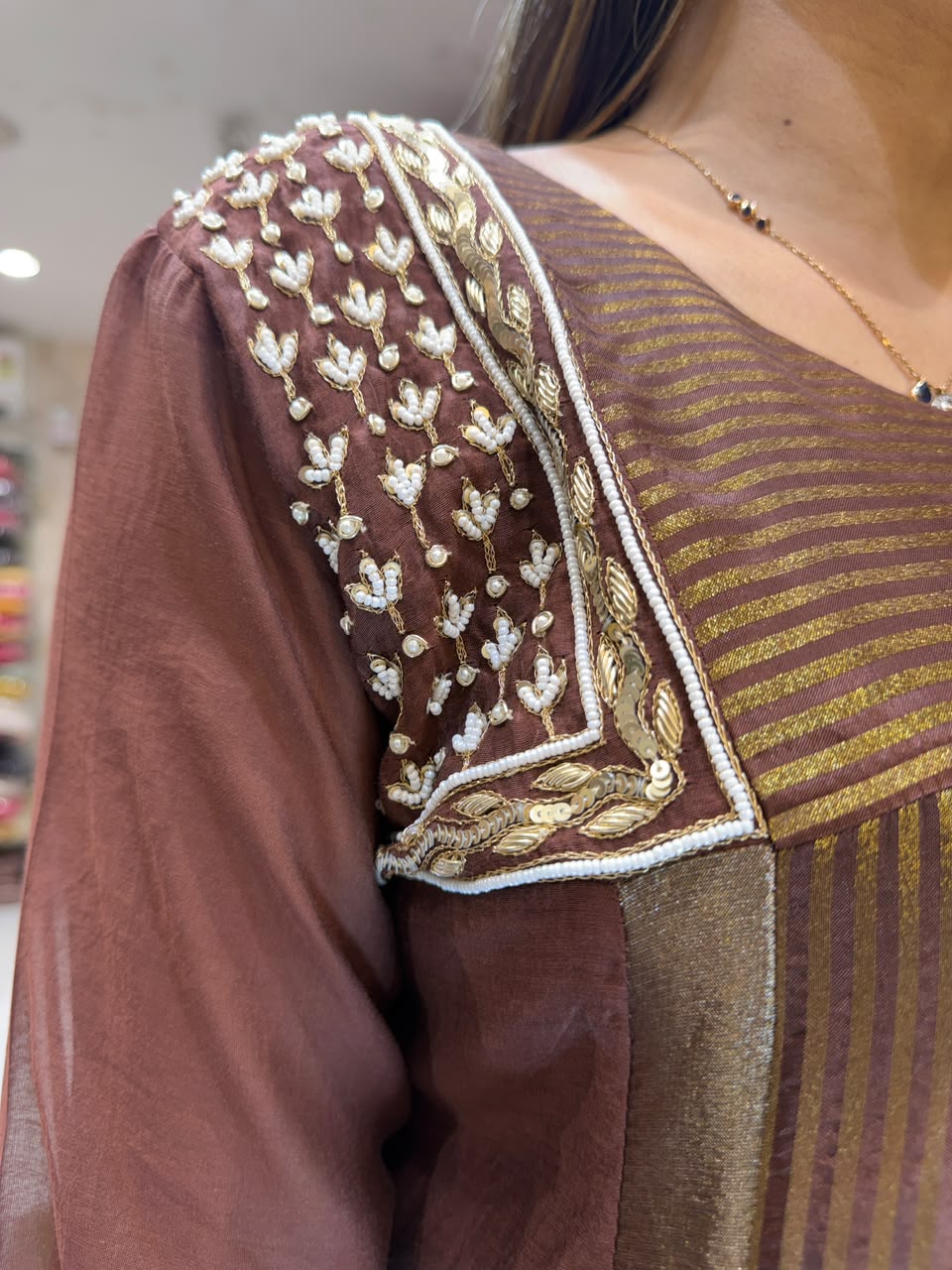 Pure Banaras Mull Chanderi Brown 3pc Set
