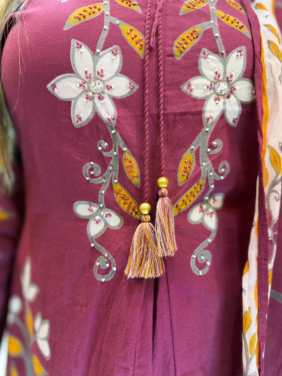 Pure Cotton Maroon Anarkali 3pc Set