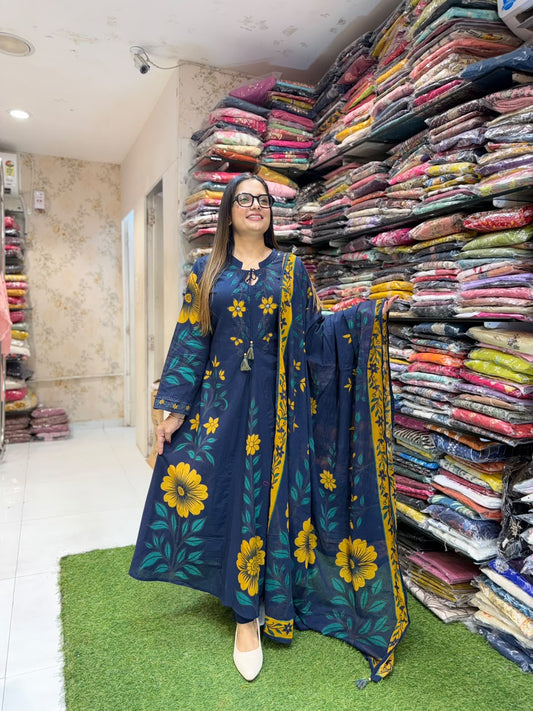 Pure Cotton Blue Anarkali 3pc Set