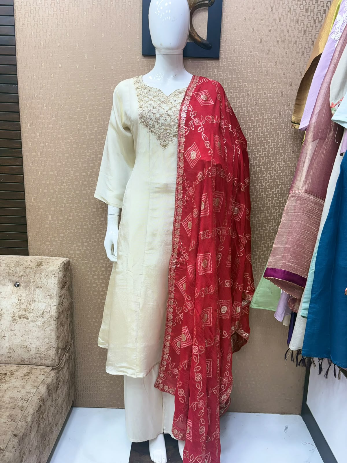 Pure Simmar Tissu Shoulder Anarkali 3pc Set (Red Duppata)