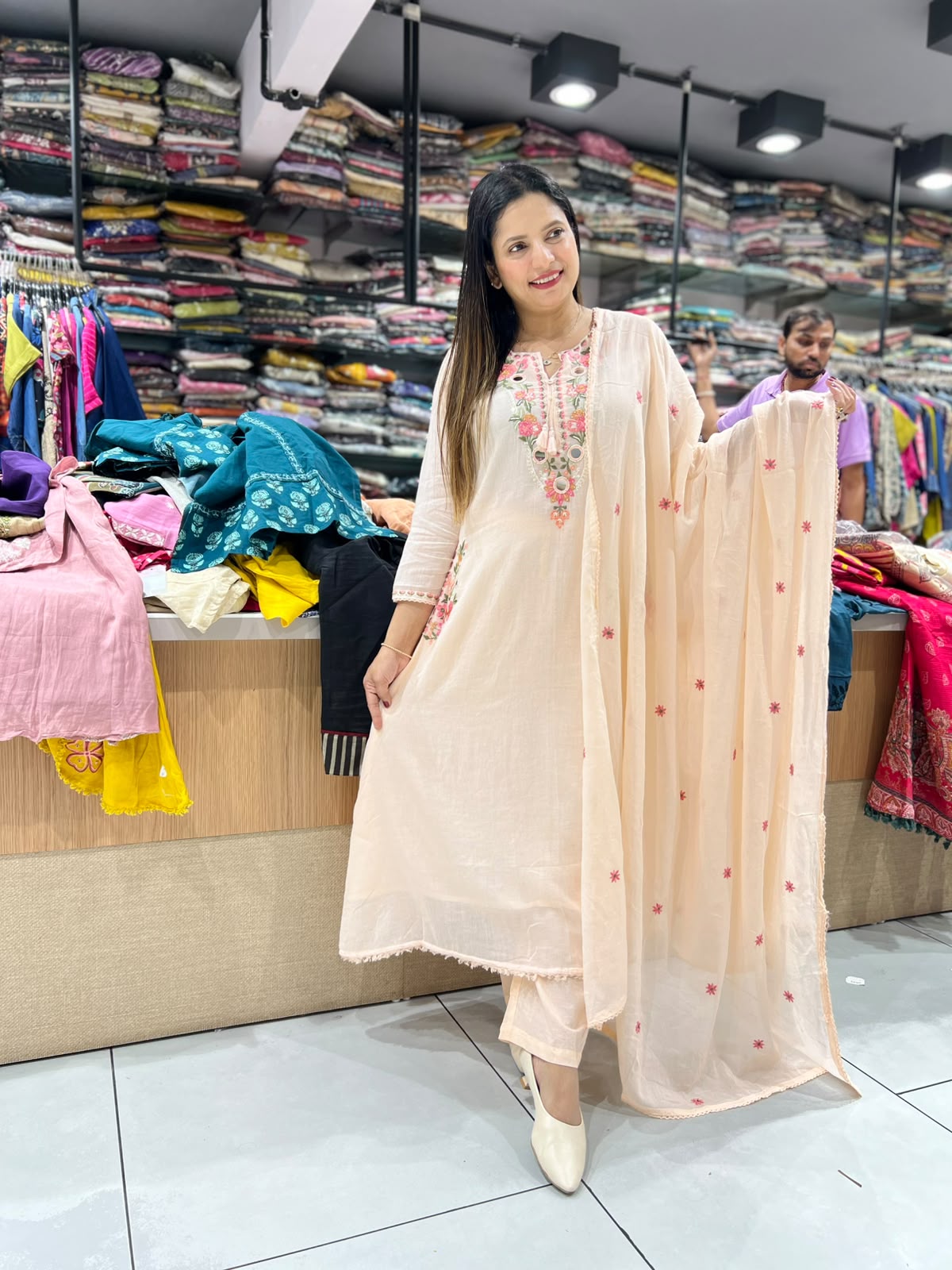 Pure Mull Cotton A Line Anarkali Peach 3pc Set