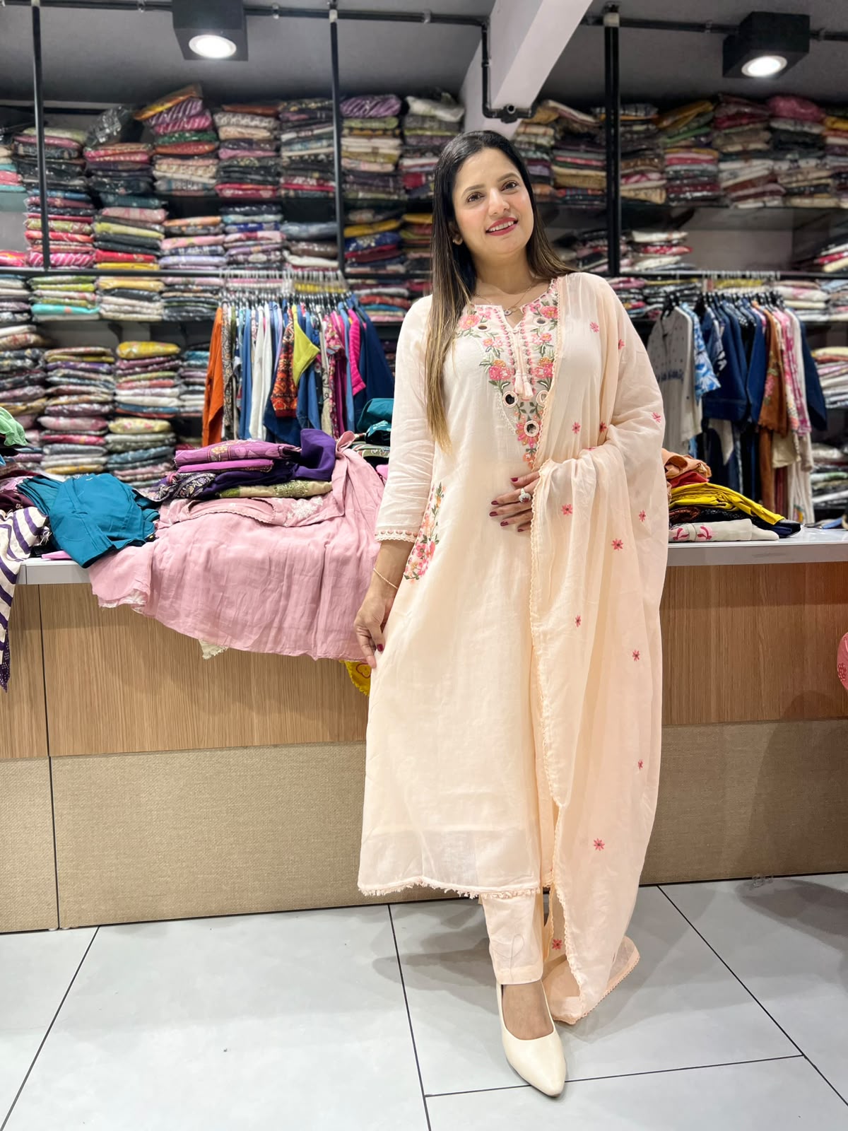 Pure Mull Cotton A Line Anarkali Peach 3pc Set