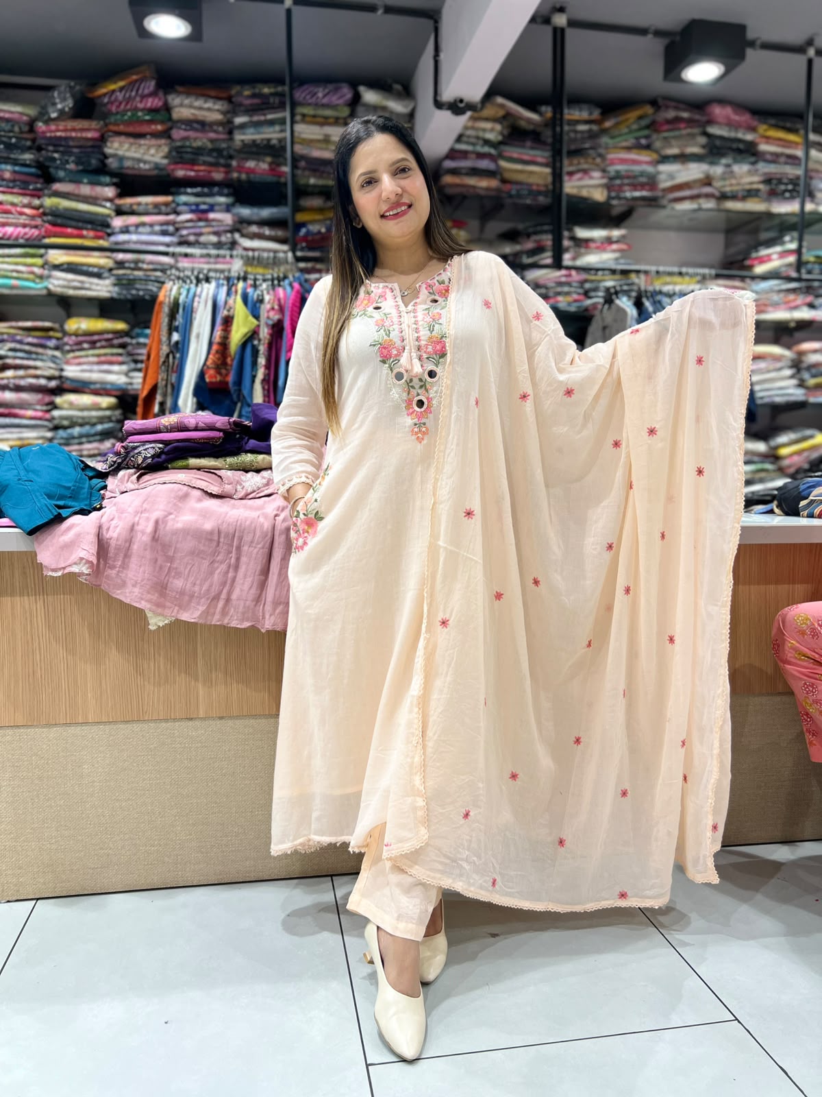 Pure Mull Cotton A Line Anarkali Peach 3pc Set