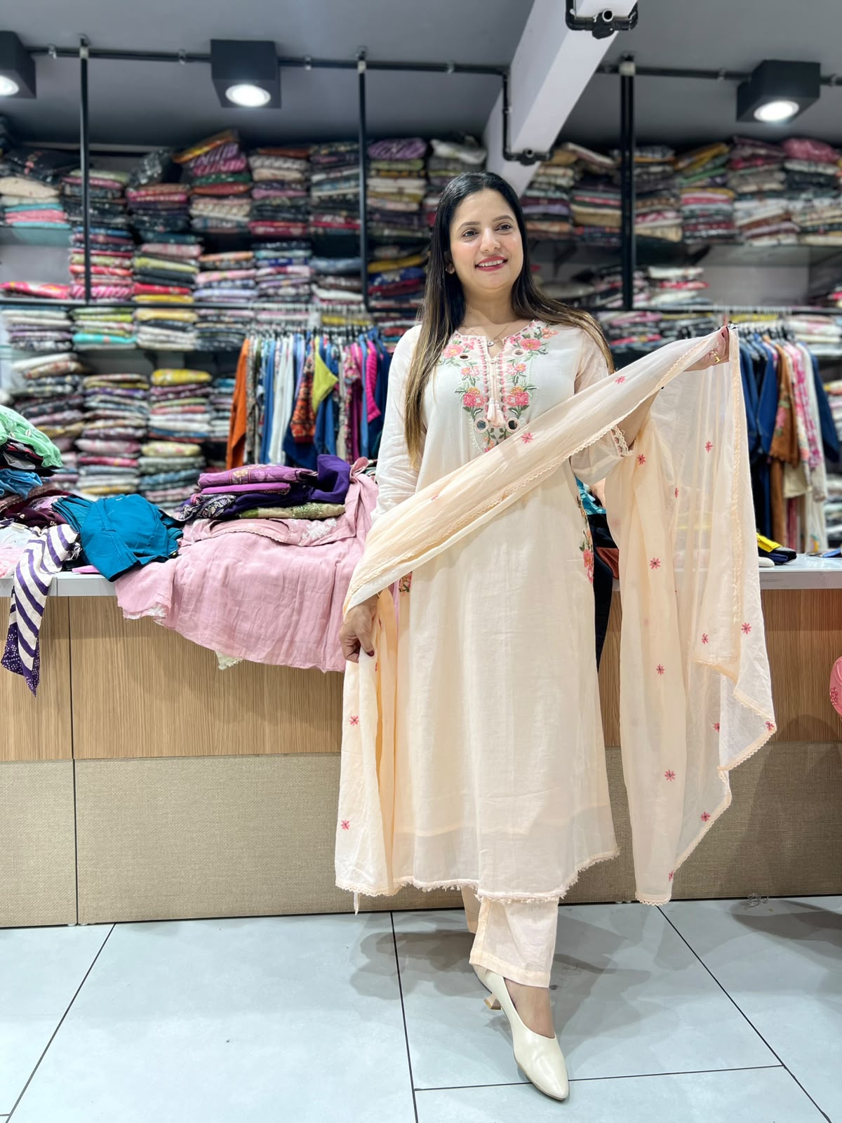 Pure Mull Cotton A Line Anarkali Peach 3pc Set