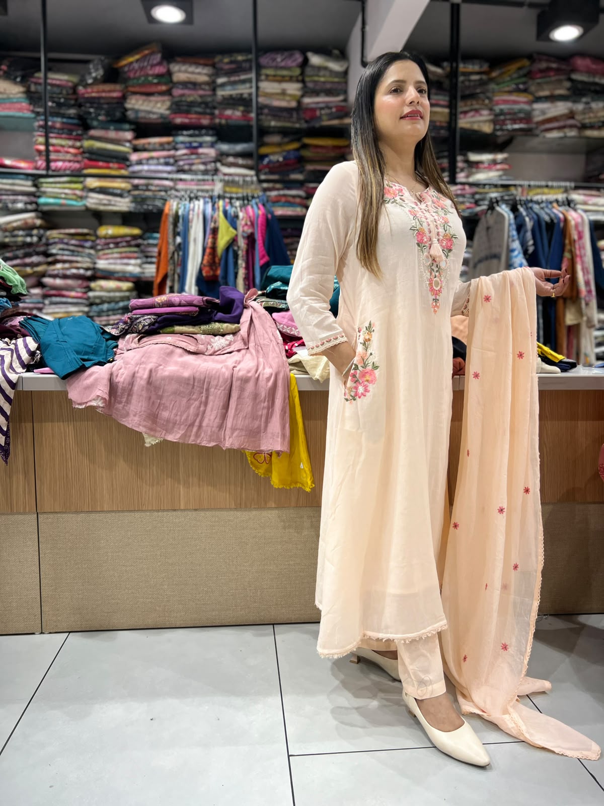 Pure Mull Cotton A Line Anarkali Peach 3pc Set
