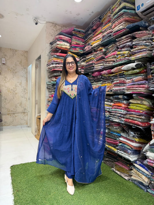 Pure Banaras Mull Chanderi Royal Blue 3pc Set