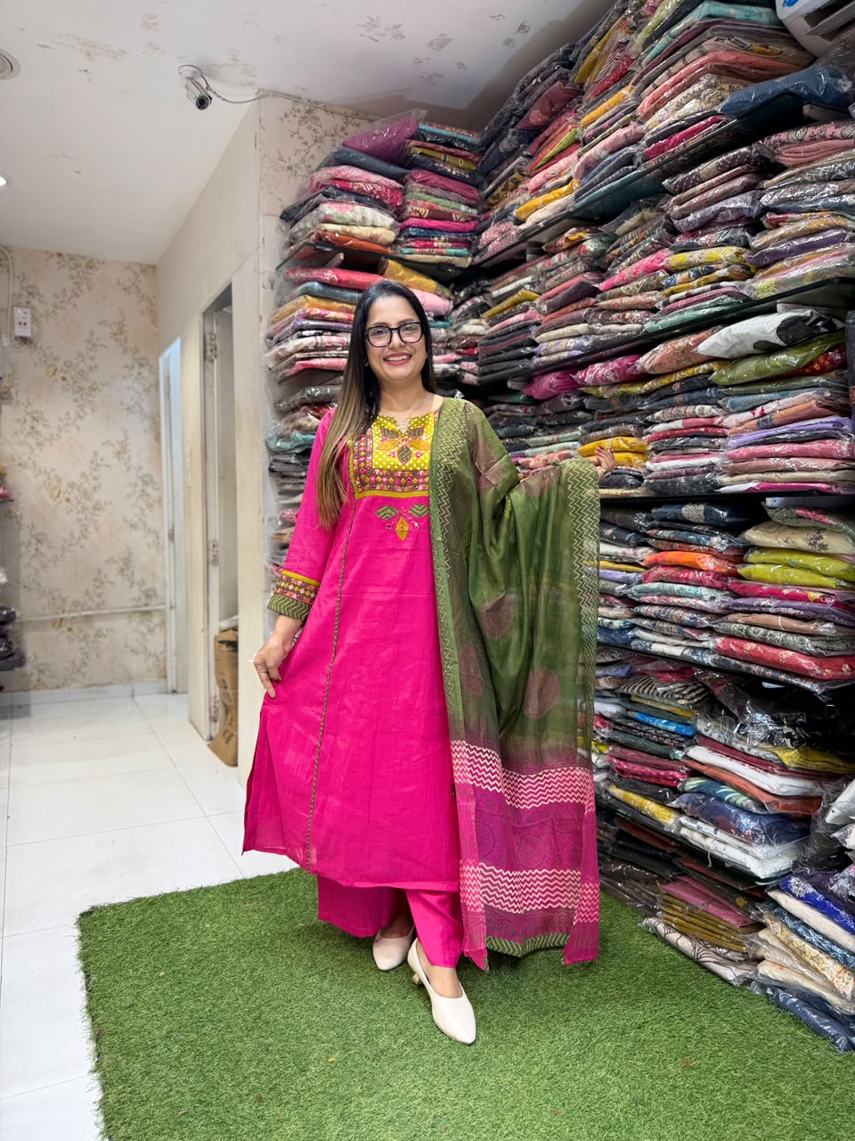 Pure Mull Chanderi Rani Pink 3pc Set