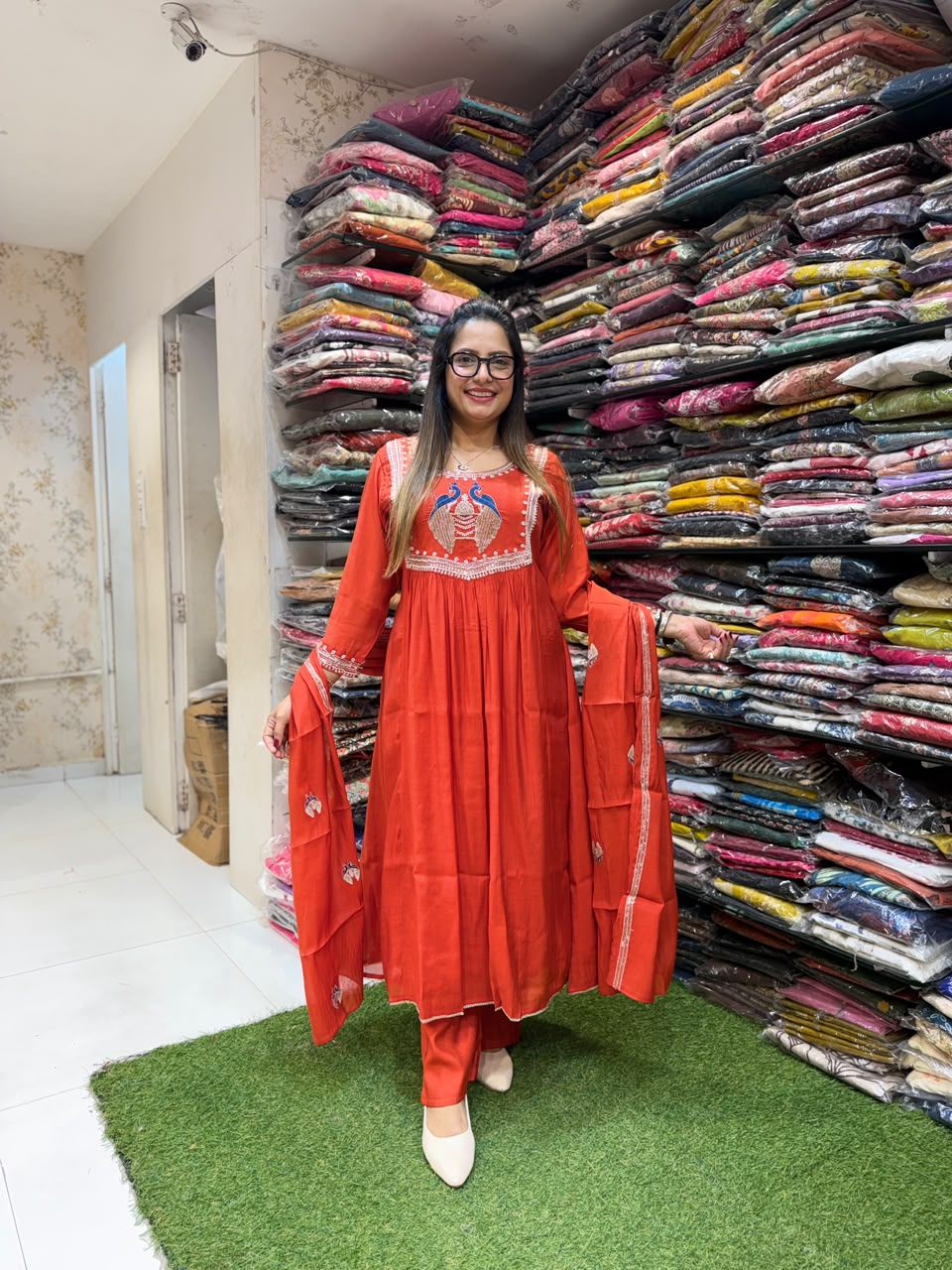 Pure Surat Mull Chanderi Orange 3 pc set