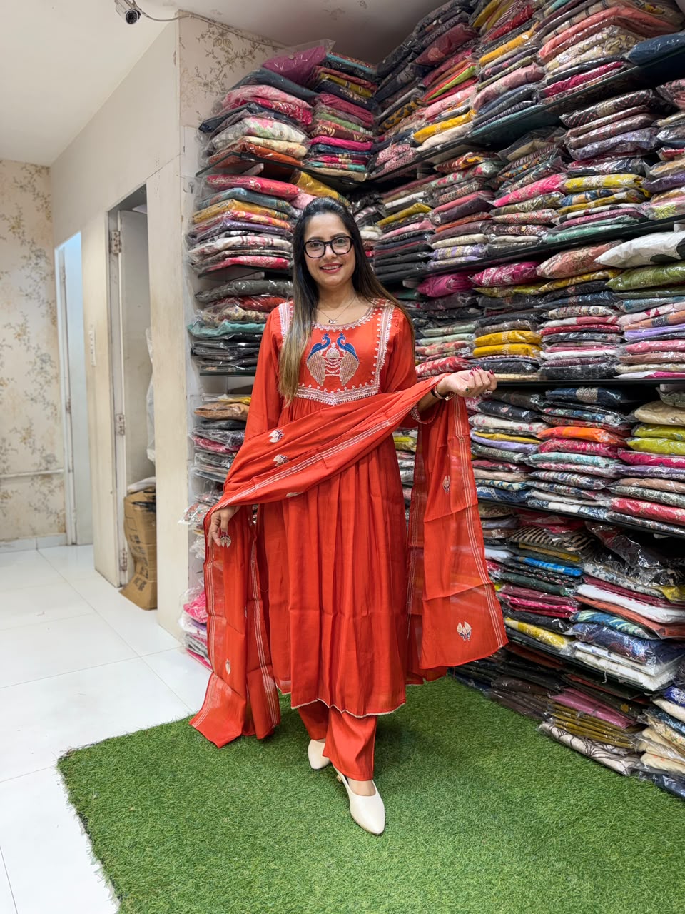 Pure Surat Mull Chanderi Orange 3 pc set