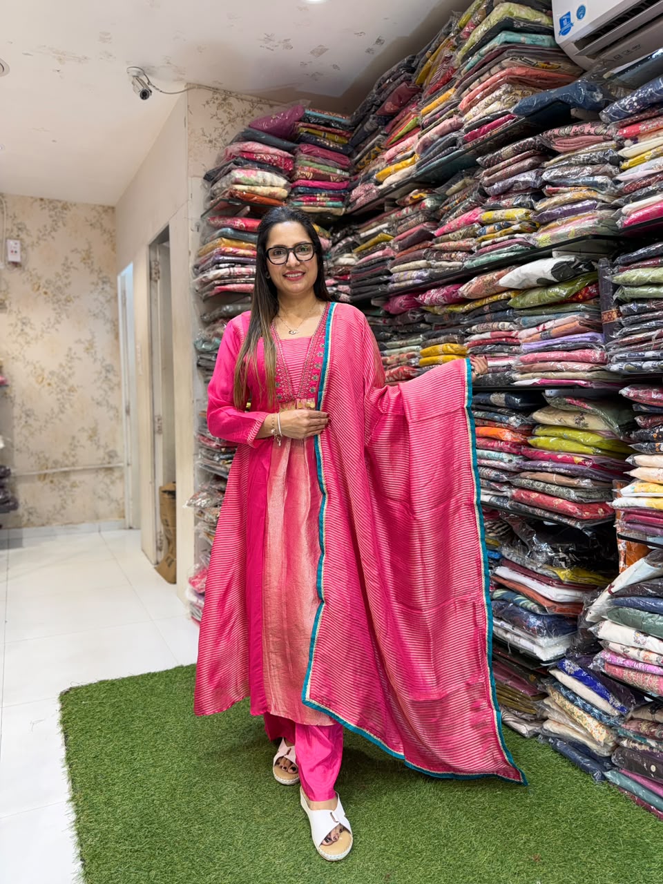 Pure Banaras Mull Chanderi Rani Pink 3pc Set