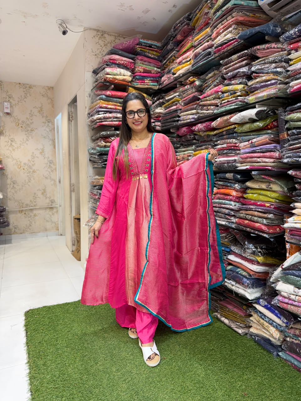 Pure Banaras Mull Chanderi Rani Pink 3pc Set