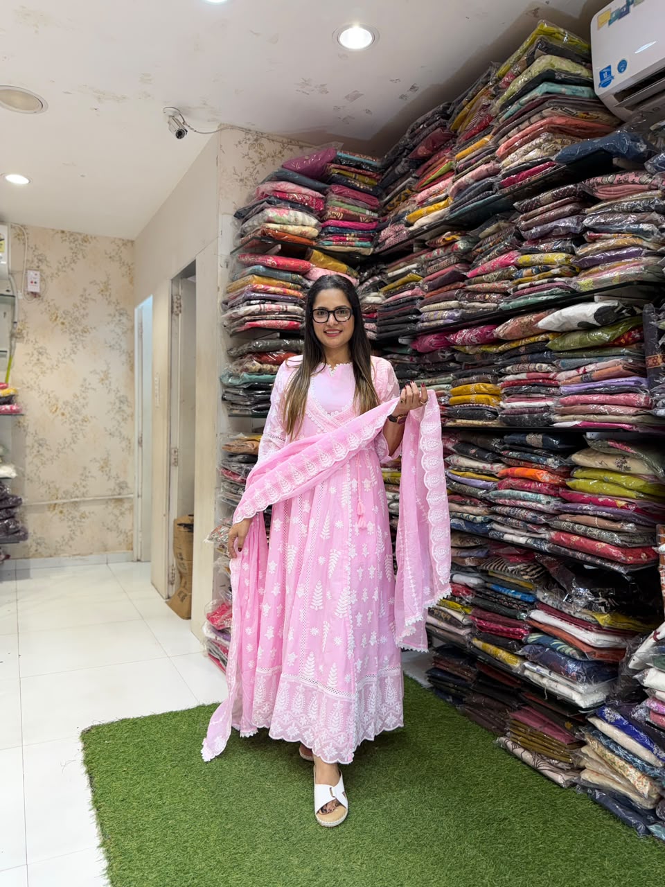 Pure Mull cotton Anarkali with lucknowi work Baby Pink color