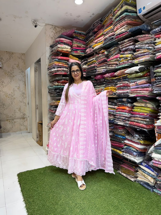 Pure Mull cotton Anarkali with lucknowi work Baby Pink color