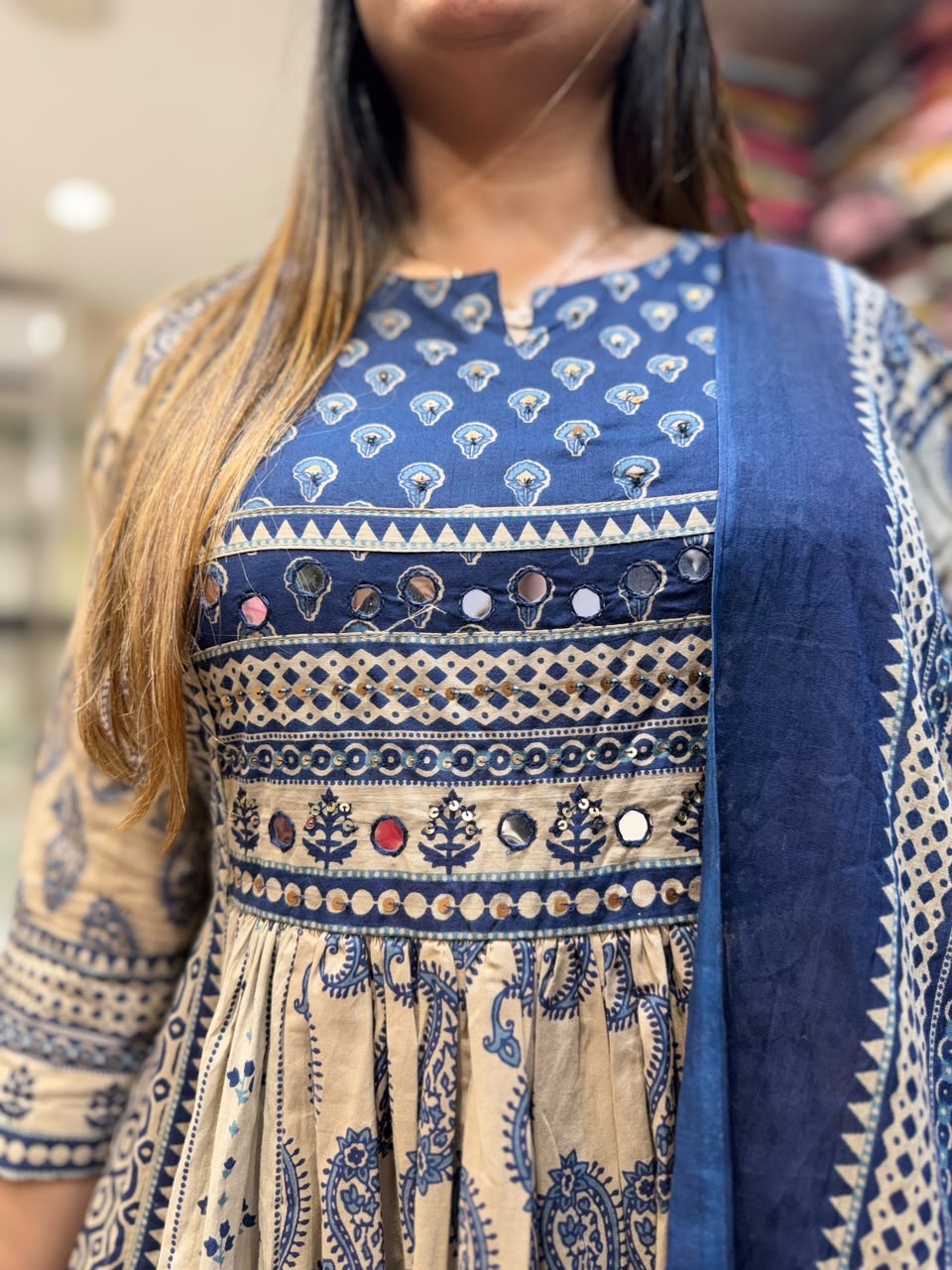 Pre Booking Pure Cotton Anarkali Beige And Blue 3pc Set 18 october