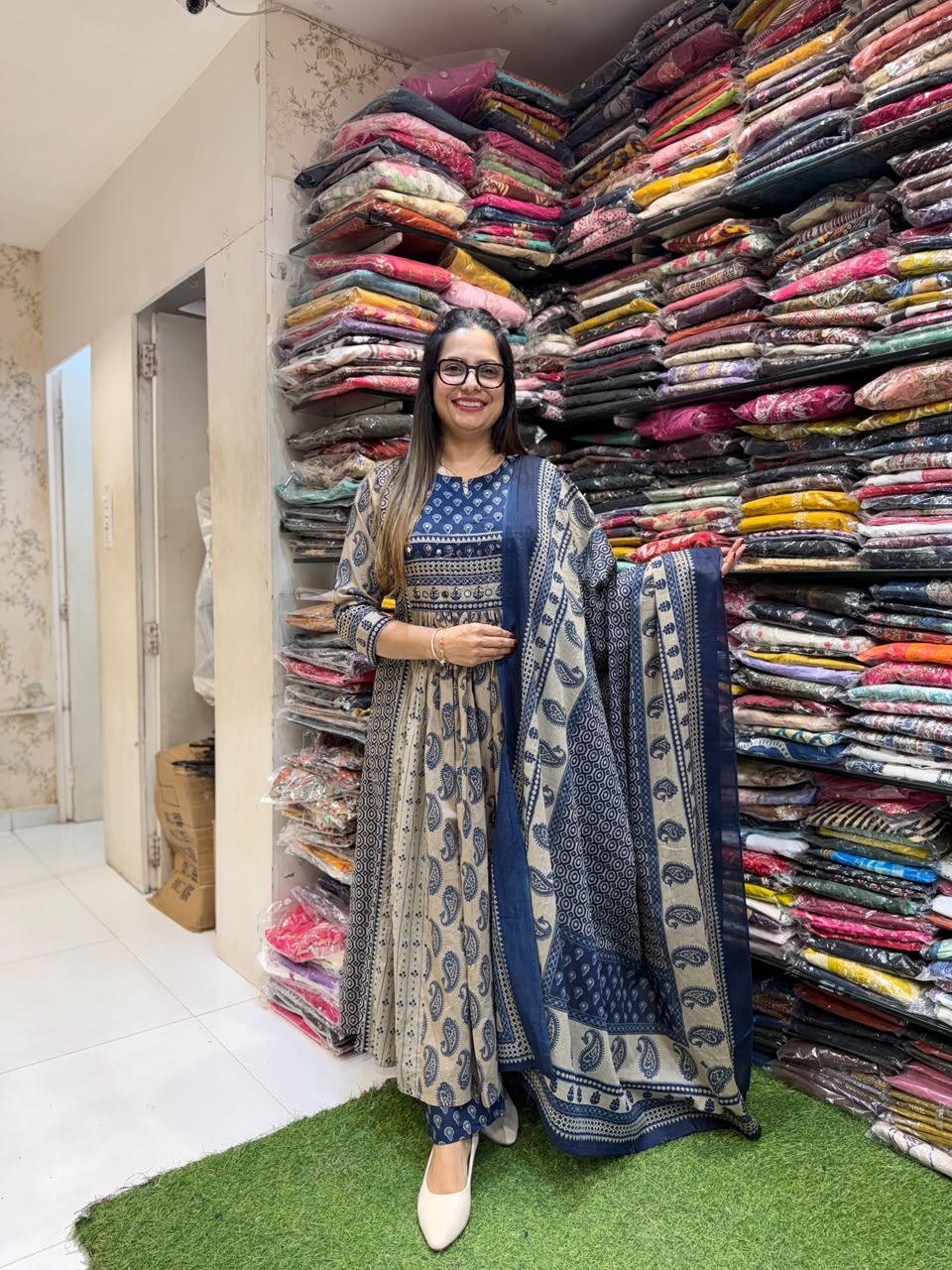 Pre Booking Pure Cotton Anarkali Beige And Blue 3pc Set 18 october