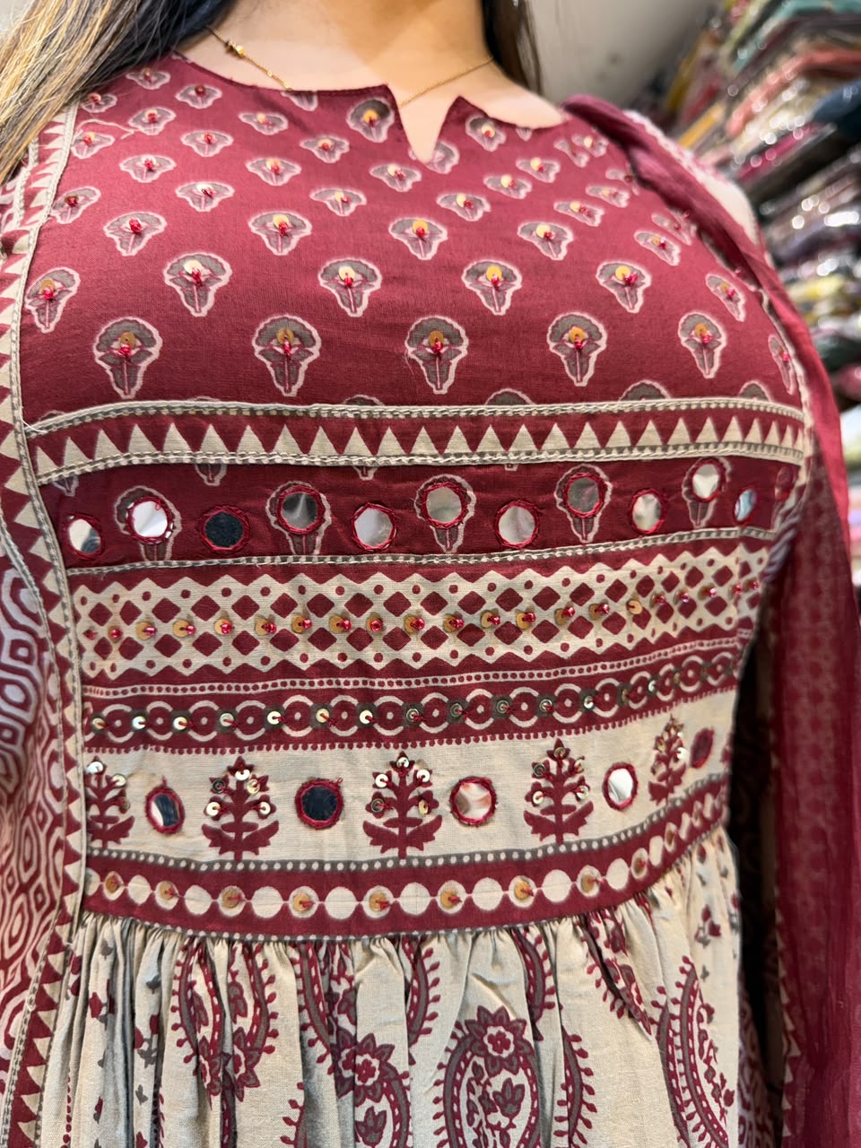 Pure Cotton Anarkali Beige And Maroon 3pc Set
