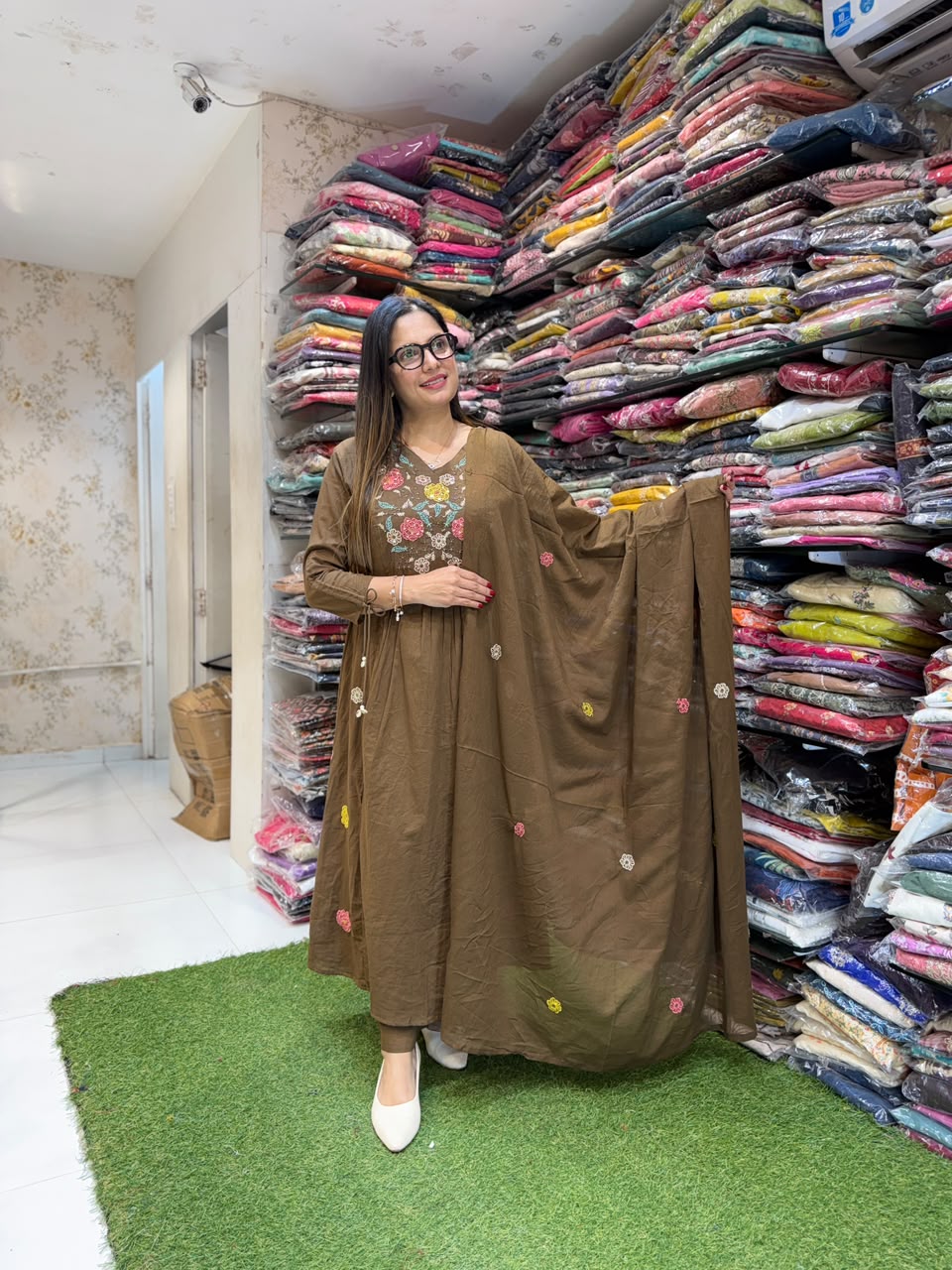 Pure Mull Cotton Dark Mahendi 3pc Set