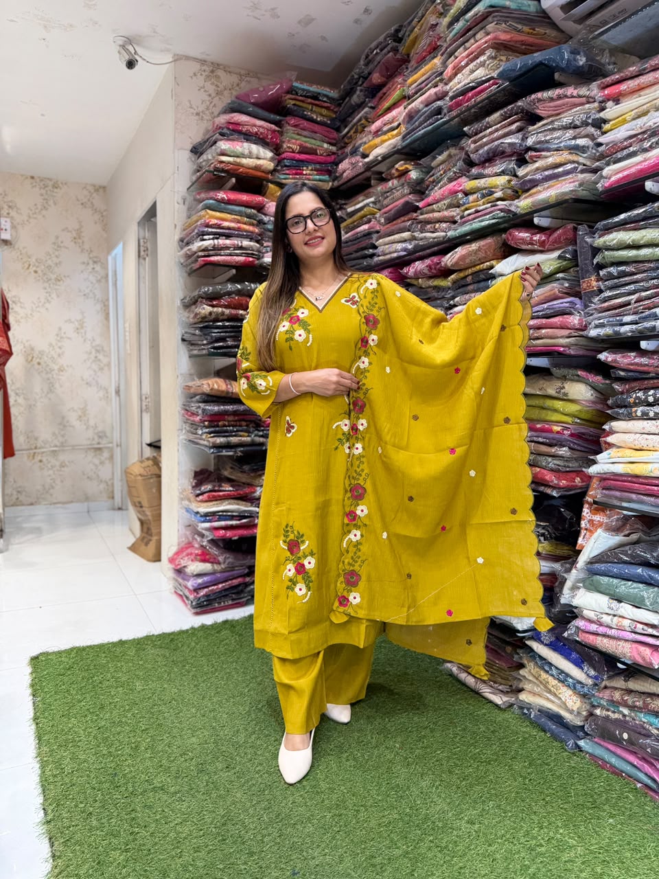 Pure Crush Mull Chanderi Mustard Yellow 3pc Set