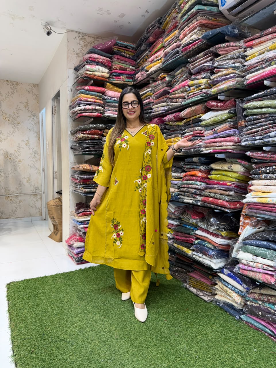 Pure Crush Mull Chanderi Mustard Yellow 3pc Set