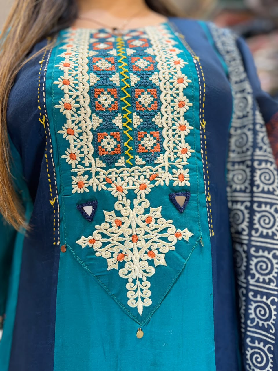 Mull Chanderi Blue 3pc Set