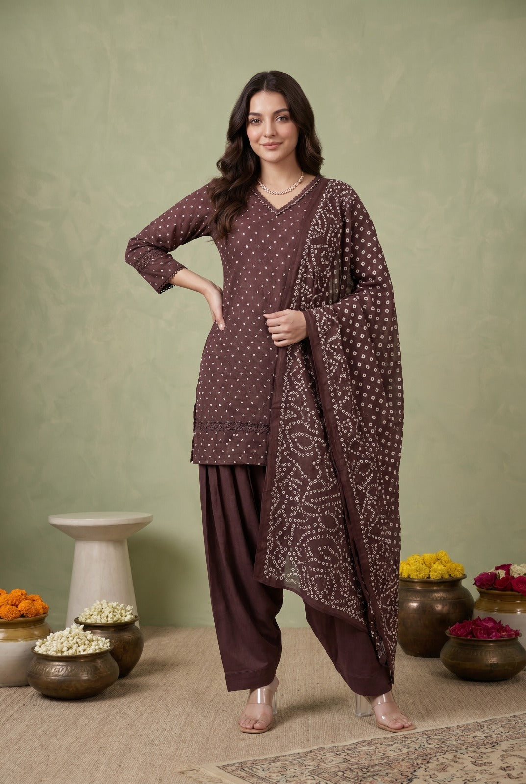 Pure Cotton Farsi Salwar Brown 3pc Set