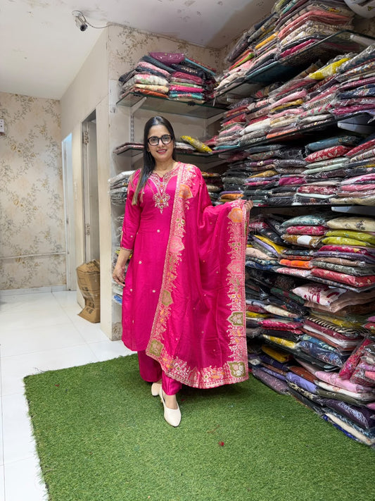 Pure Dola Silk Rani Pink 3pc Set