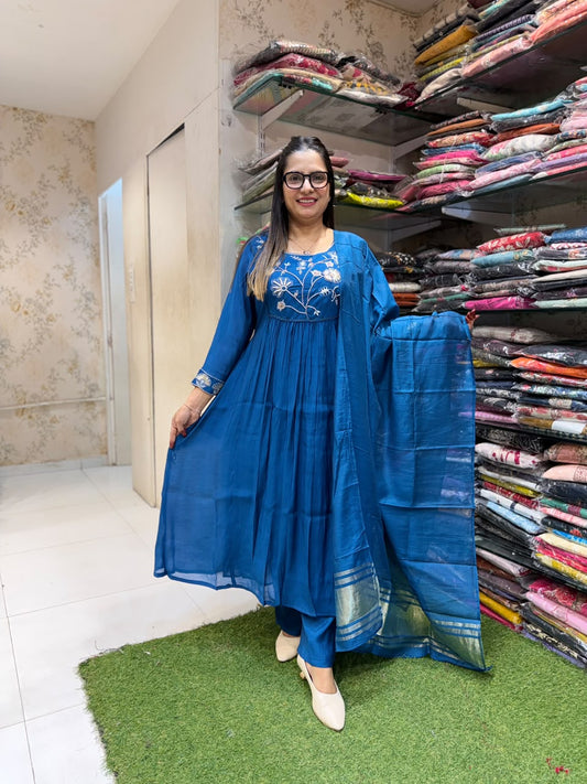 Mull Chanderi Turquise Blue 3pc Set