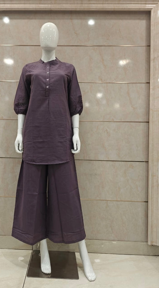 Jaipuri Mull Cotton Schiffli Work Cordset With Palazzo Lavender Color