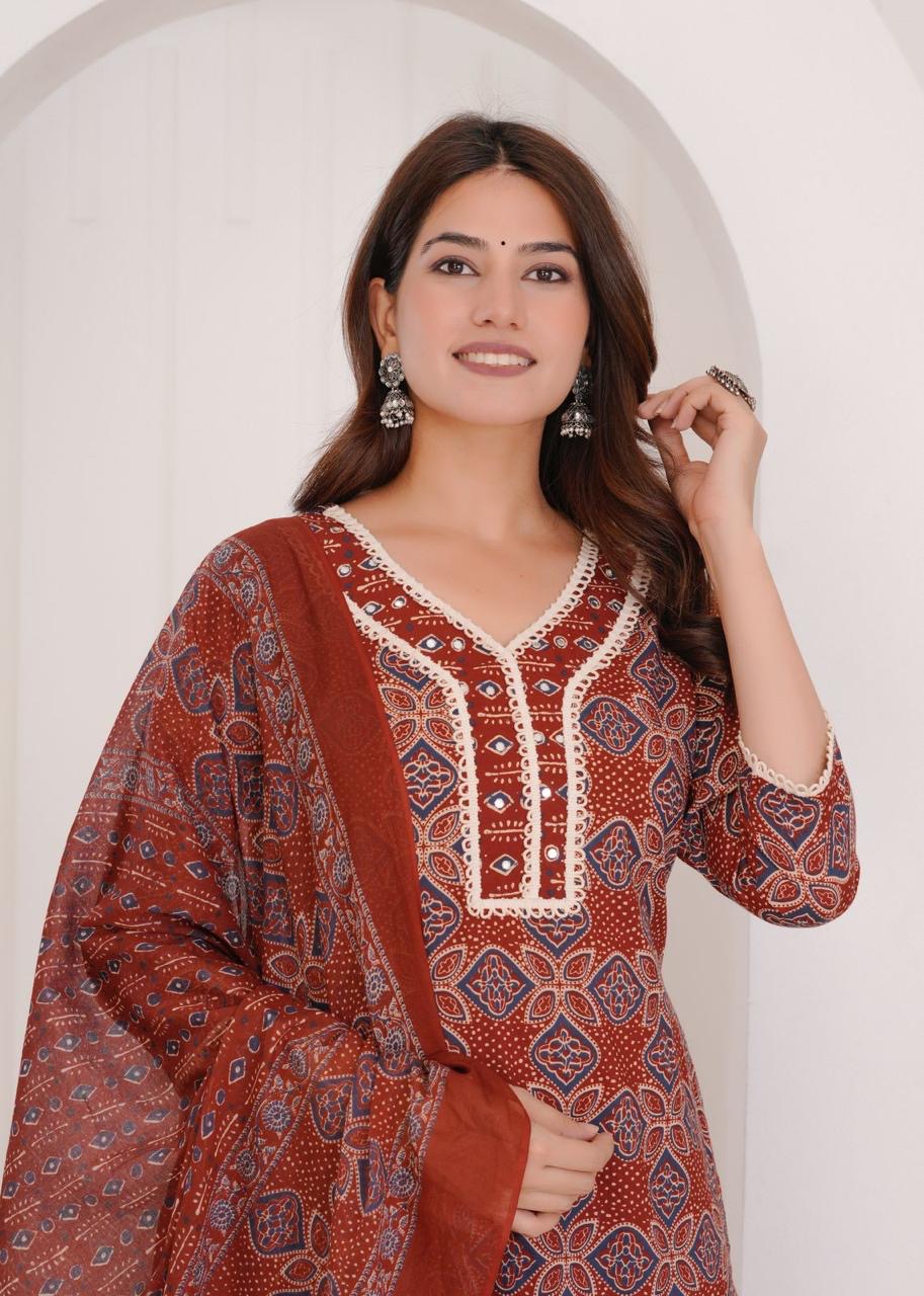 Premium Jaipuri Cotton Ajrak Print 3 Piece Set