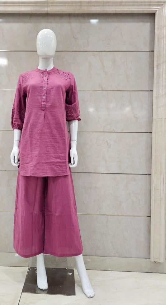 Jaipuri Mull Cotton Schiffli Work Cordset With Palazzo Pink Color