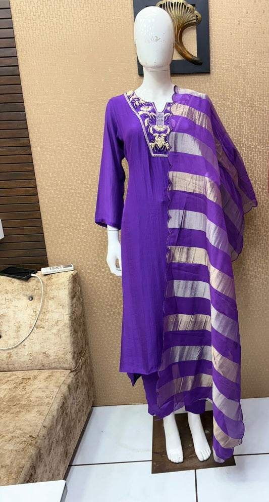 Pure Banaras Mull Chanderi Pearl Handwork Party Wear 3pc Set Dark Purple Color